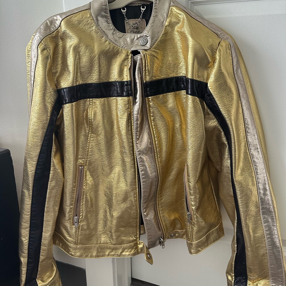Gold Metallic Leather Jacket with Black Stripe
